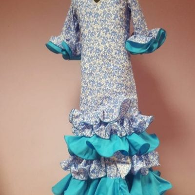 Traje de flamenca niña largo Margarita Combinado Turquesa