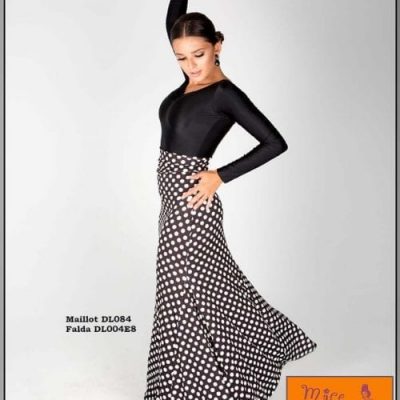 Falda ensayo Lycra 3 quillas estampada 2283 - M, Negro con lunar blanco 1cm