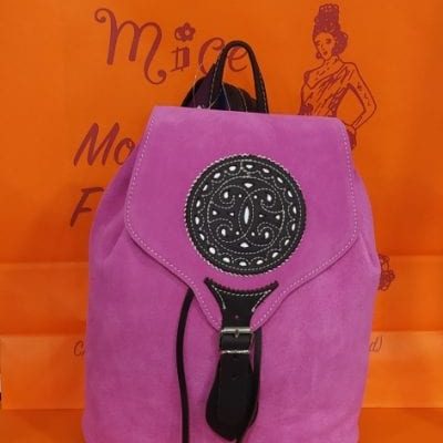 Mochila serraje y cuero rosa mediana rosetón.