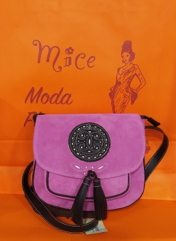 Bolso serraje y cuero rosa mediano rosetón.