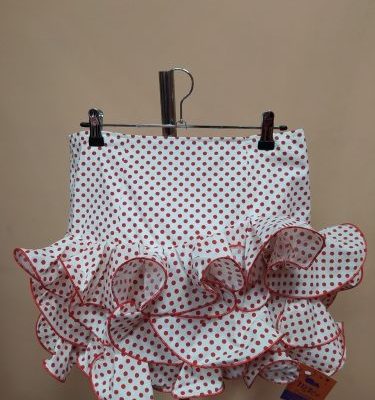 Falda flamenca niña corta Lolita - 14, Crudo/lunar rojo 0,5 cms