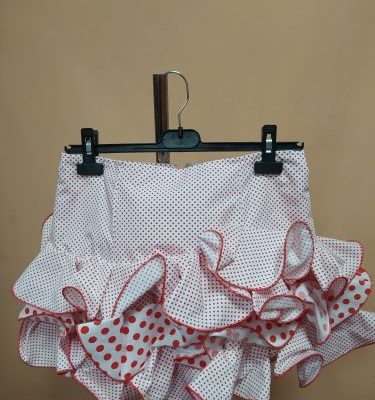 Falda flamenca niña corta Lolita - 14, Blanco/lunar 0,5 cms y alfiler rojo