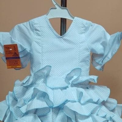 Traje flamenca niña corto Anita 1 - 2. blanco lunar alfiler celeste repurgo celeste, 1