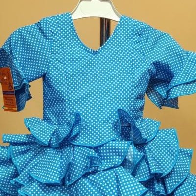 Traje flamenca niña corto Anita 1 - 3. turquesa lunar alfiler blanco repurgo turquesa, 1
