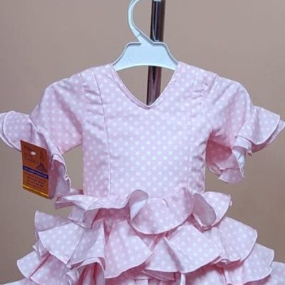 Traje flamenca niña corto Anita 1 - 5. rosa lunar lenteja blanco repurgo rosa, 1