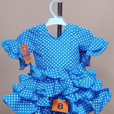 Traje flamenca niña corto Anita 1 - 8. turquesa lunar lenteja blanco repurgo turquesa, 1