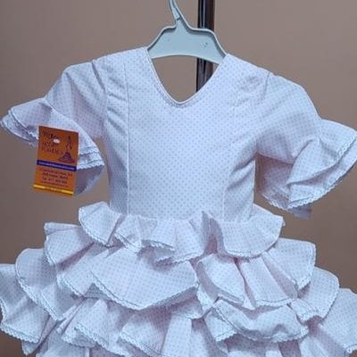 Traje flamenca niña corto Anita 2 - 9. blanco lunar alfiler rosa bolillo blanco, 1
