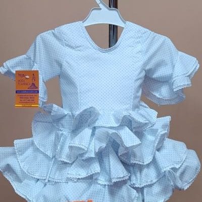 Traje flamenca niña corto Anita 2 - 10. blanco lunar celeste alfiler bolillo blanco, 1