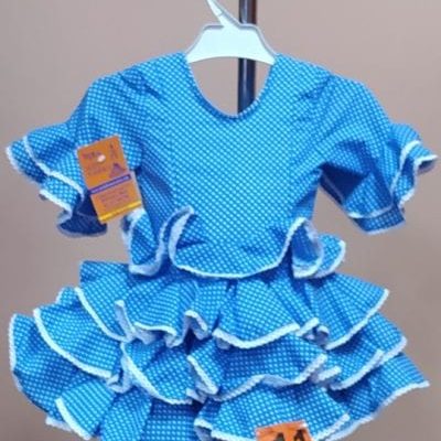 Traje flamenca niña corto Anita 2 - 11. turquesa lunar alfiler blanco bolillo blanco, 1
