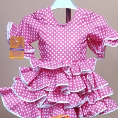 Traje flamenca niña corto Anita 2 - 12. fucsia lunar lenteja blanco bolillo blanco, 1