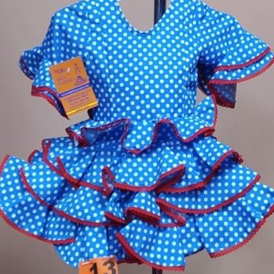 Traje flamenca niña corto Anita 2 - 13. turquesa lunar lenteja blanco bolillo rojo, 1