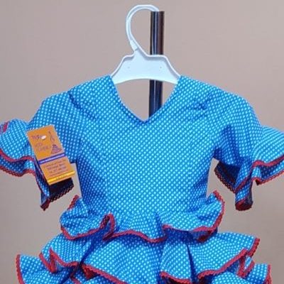 Traje flamenca niña corto Anita 2 - 14. turquesa lunar alfiler blanco bolillo rojo, 1