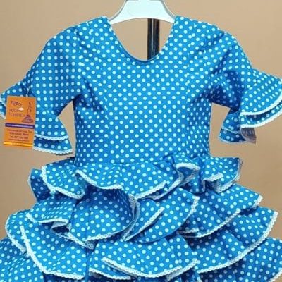 Traje flamenca niña corto Anita 2 - 15. turquesa lunar lenteja blanco bolillo blanco, 2