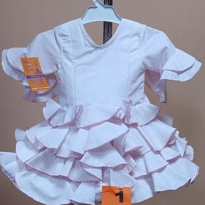 Traje flamenca niña corto Anita 1 - 1. blanco lunar alfiler rosa repurgo rosa, 1