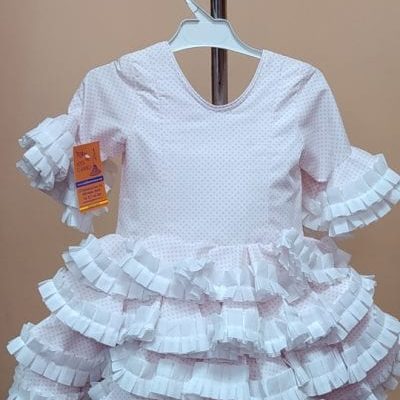 Traje flamenca niña corto Anita 3 - 16. blanco lunar alfiler rosa carrucha blanca, 2