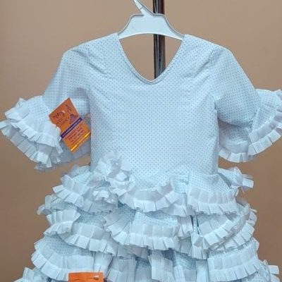 Traje flamenca niña corto Anita 3 - 17. blanco lunar alfiler celeste carrucha blanca, 2