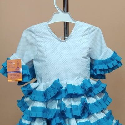 Traje flamenca niña corto Anita 3 - 18. blanco lunar alfiler celeste carrucha turquesa, 2