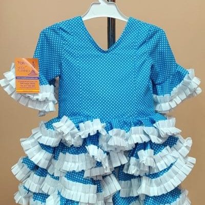 Traje flamenca niña corto Anita 3 - 19. turquesa lunar alfiler blanco carrucha blanca, 2