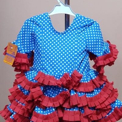 Traje flamenca niña corto Anita 3 - 22. turquesa lunar lenteja blanco carrucha roja, 2