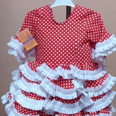Traje flamenca niña corto Anita 3 - 23. rojo lunar lenteja blanco carrucha blanca, 2