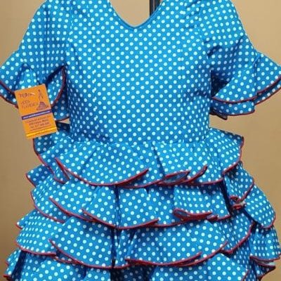 Traje flamenca niña corto Anita 1 - 24. turquesa lunar lenteja blanco repurgo rojo, 4