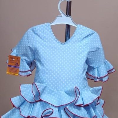 Traje flamenca niña corto Anita 1 - 25. celeste lunar lenteja blanco repurgo rojo, 4