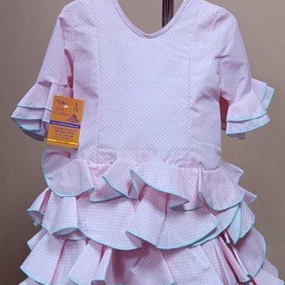 Traje flamenca niña corto Anita 1 - 26. Rosa lunar alfiler blanco repurgo celeste, 6
