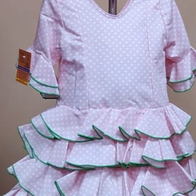 Traje flamenca niña corto Anita 1 - 27. rosa lunar lenteja blanco repurgo verde, 6
