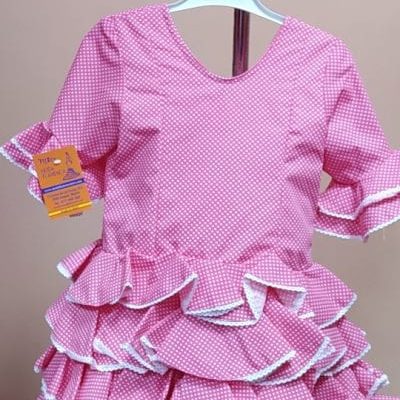 Traje flamenca niña corto Anita 2 - 29. fucsia lunar alfiler blanco bolillo blanco, 6