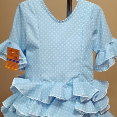 Traje flamenca niña corto Anita 2 - 30. celeste lunar lenteja blanco bolillo blanco, 6