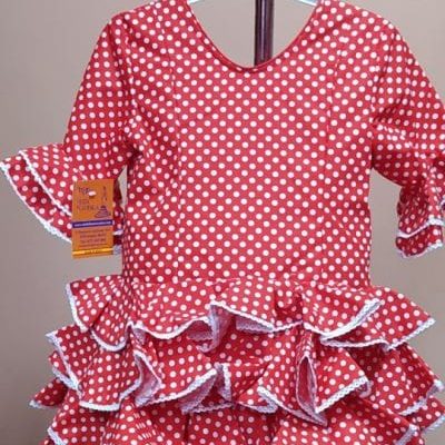 Traje flamenca niña corto Anita 2 - 31. rojo lunar lenteja blanco bolillo blanco, 6