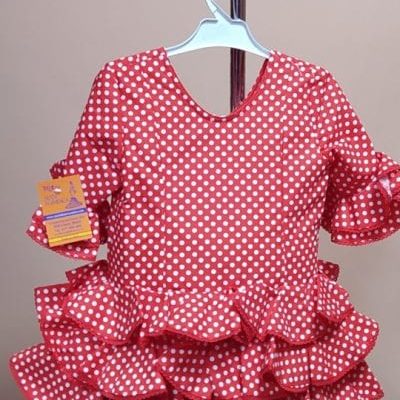 Traje flamenca niña corto Anita 2 - 32. rojo lunar lenteja blanco bolillo rojo, 6