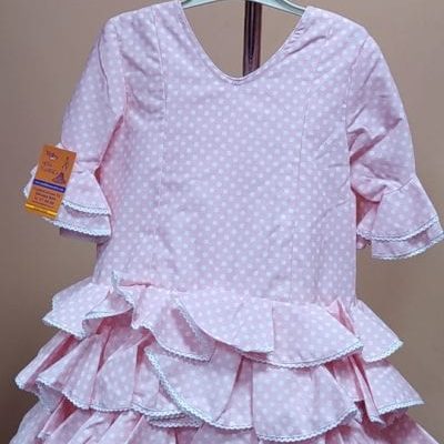 Traje flamenca niña corto Anita 2 - 33. rosa lunar lenteja blanco bolillo blanco, 8