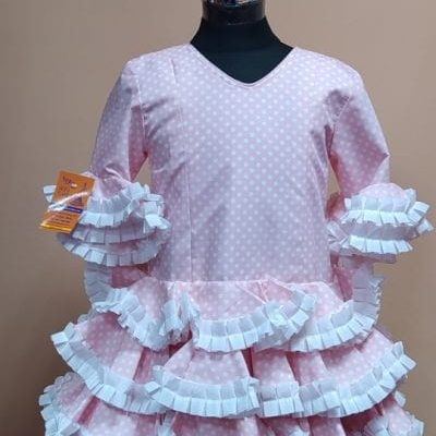 Traje flamenca niña corto Anita 3 - 34. rosa lunar lenteja blanco carrucha blanca, 8