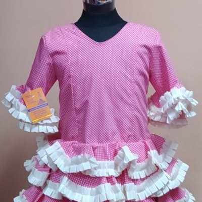Traje flamenca niña corto Anita 3 - 35. fucia lunar alfiler blanco carucha beige, 8